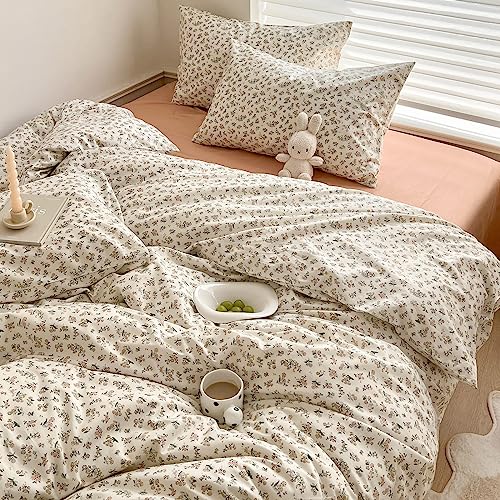 Aesthetic Floral Duvet Cover King Cozy Cotton Bedding Set King Shabby Chic Green Botanical French Style Duvet Cover Set Off White Comforter Cover with Fresh Flower Pattern, Breathable, Lightweight MOTNTD
