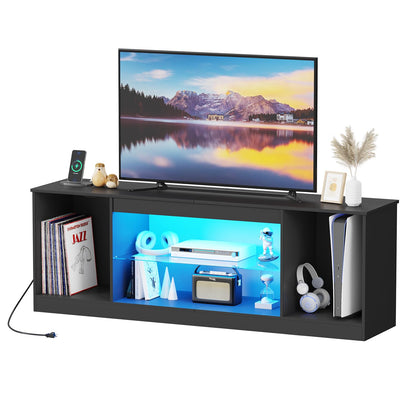 Qupui LED TV Stand for 65 Inch TV with Charging Station, 58" Entertainment Center with Storage and Adjustable Glass Shelves, Farmhouse TV Console Stands for Living Room, Bedroom, Black