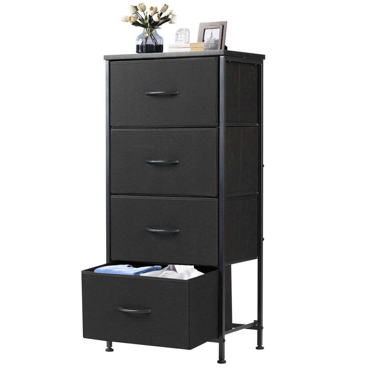 DUMOS Nightstand with 4 Drawers Bedside Table with Removable Fabric Bins Sturdy Steel Frame Wood Top Organizer Furniture for Bedroom Closet Living Room DUMOS