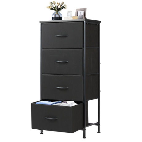 DUMOS Nightstand with 4 Drawers Bedside Table with Removable Fabric Bins Sturdy Steel Frame Wood Top Organizer Furniture for Bedroom Closet Living Room DUMOS