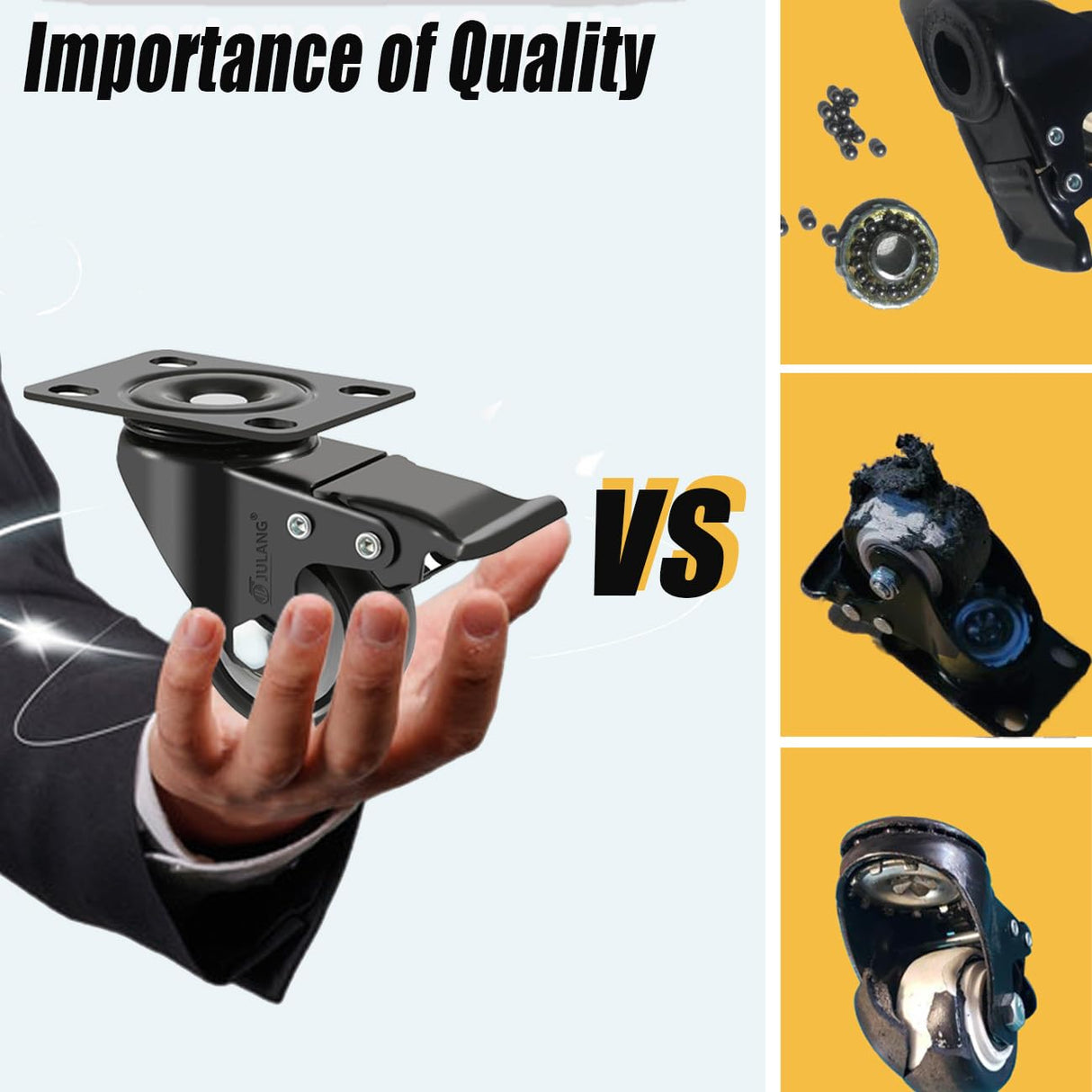 JULANG 2" Locking Caster Wheels Set of 4 Heavy Duty with Brake, Noise Free (PU) Wheels, Swivel Plate Castors 4 PCS, for Furniture, Carts, Garden Potting Tables, Workbenches Julang