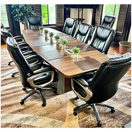 Thaweesuk Shop Walnut 12 FT Modern Boat Shaped Conference Table Wood Hide Wires Inside Elliptical Silver Metal Legs Desk Grommets Racetrack 2 Power Data Modules Black Boardroom Meeting Room Office WoodArtSupply