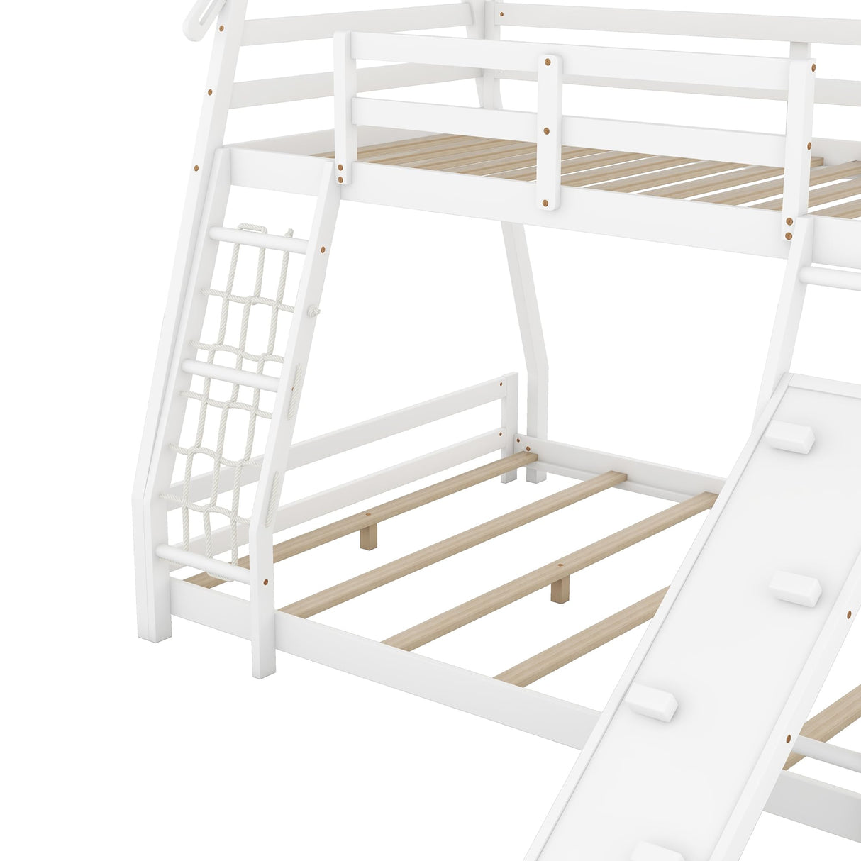 Merax Twin Over Queen House Bunk Bed Frame Solid Wood with Climbing Nets and Climbing Ramp for Boys Girls,Playroom,White Merax