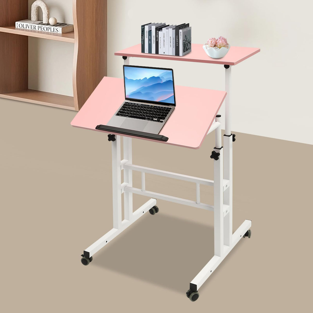 Kreiaoer Height Adjustable Table, Small Adjustable Standing Desk with Wheels Home Office Workstation, Portable Rolling Desk Laptop Cart for Standing or Sitting (Pink) Kreiaoer