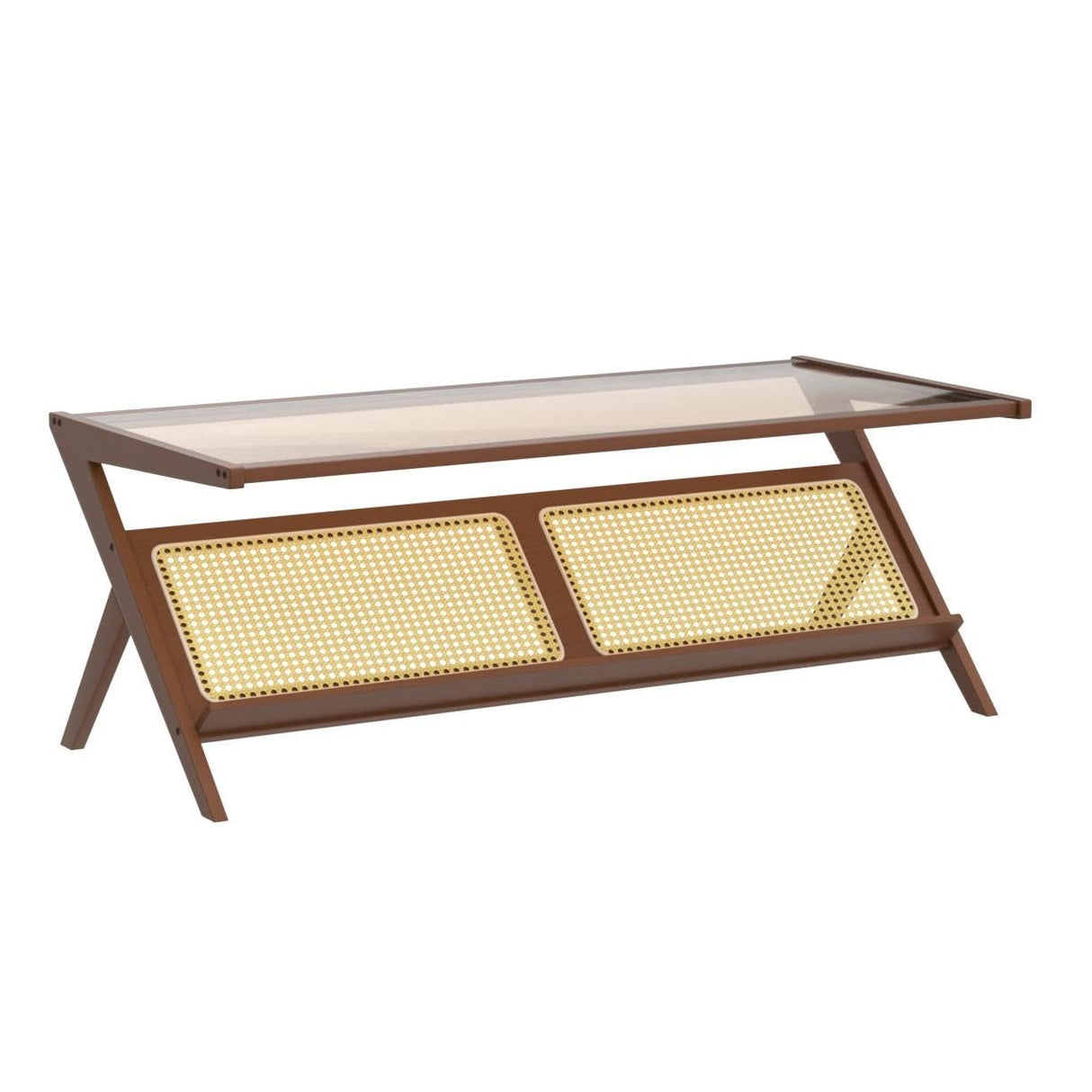 Bamworld Mid-Century Modern Coffee Table with Glass Top Rattan Center Table with Storage for Living Room Table Brown Bamworld