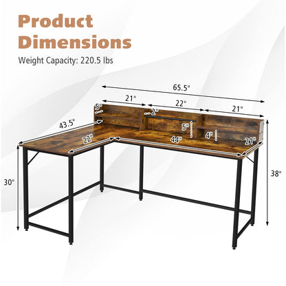 COSTWAY L-shaped Computer Desk with Hutch, Space-saving Corner Computer Desk with File Rack & 2 Shelves, 66.5” Industrial Table with Heavy-duty Steel Frame, for Home Office Study Room (Rustic - WoodArtSupply