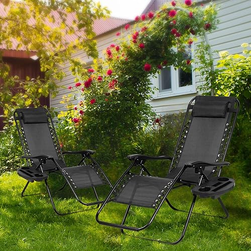 Nazhura Set of 2 Relaxing Recliners Patio Chairs Adjustable Steel Mesh Zero Gravity Lounge Chair Beach Chairs with Pillow and Cup Holder Black Nazhura