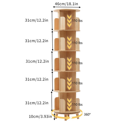 LyeXD 5-Tier Rotating Wooden Bookshelf - Multi-Functional Floor Stand Storage Rack - WoodArtSupply