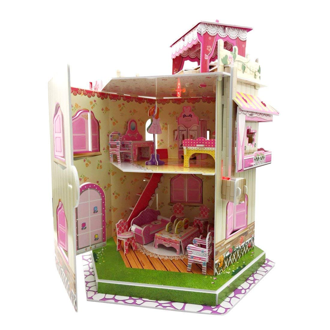 Rooftop Romance 3D Puzzle Dollhouse for Girls - Easy to Assemble 3-D Miniature Doll House Building Kit with LED Light for Kids - Educational Paper Jigsaw Puzzles - Perfect Craft Toys Gift - 101 Pcs Sourcingbay