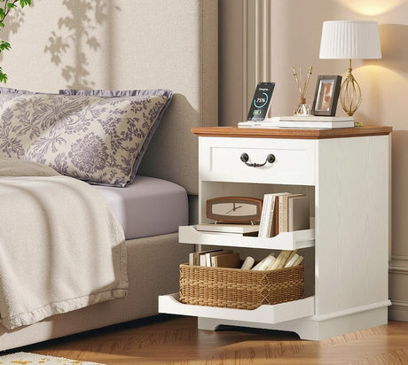 IRONCK Farmhouse Nightstand with Charging Station, Wooden Nightstands with Drawers, Bedside Table with Adjustable Storage Shelves for Bedroom, White IRONCK