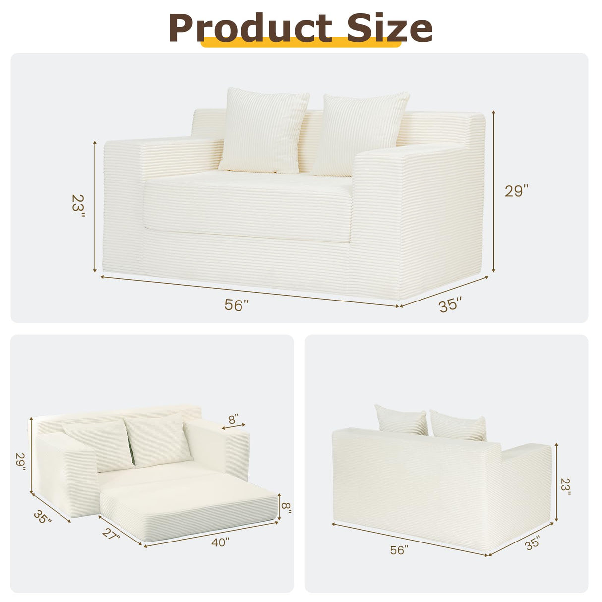 Convertible Sofa Bed, 3 in 1 Loveseat Folding Couch Bed Foldable - Chaise Lounge Chair & Floor Futon Sleeper, Corduroy Pull Out Sofa Bed with 4 Pillows for Living Room, Beige cidludto
