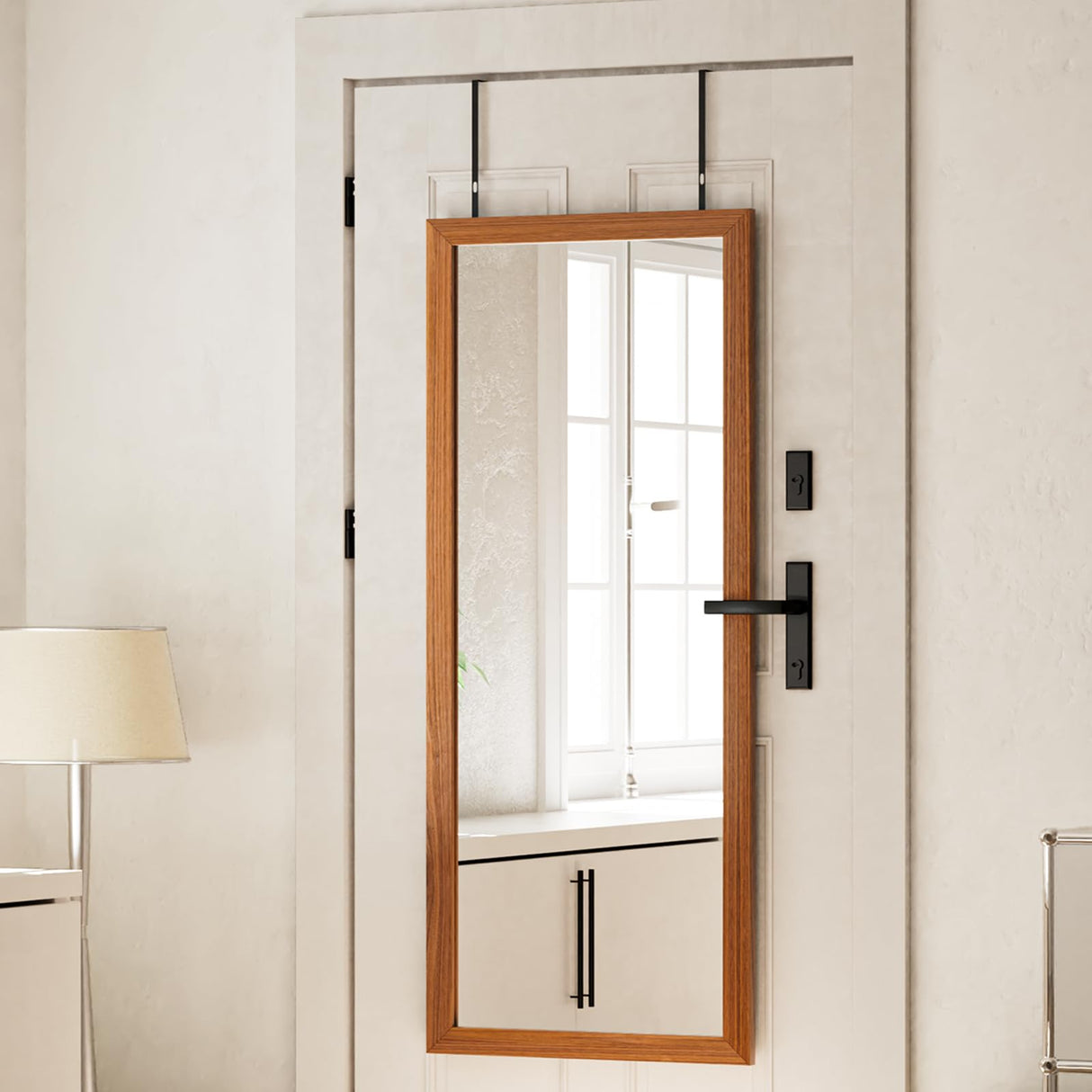 VooBang Wood Frame Door Mirror, 18" x 48" Over The Door Mirror Full Length, Full Body Mirror Door Hanging with Height-Adjustable Hangers for Dorm, Closet and Dressing Room, Charcoal Burnt VooBang