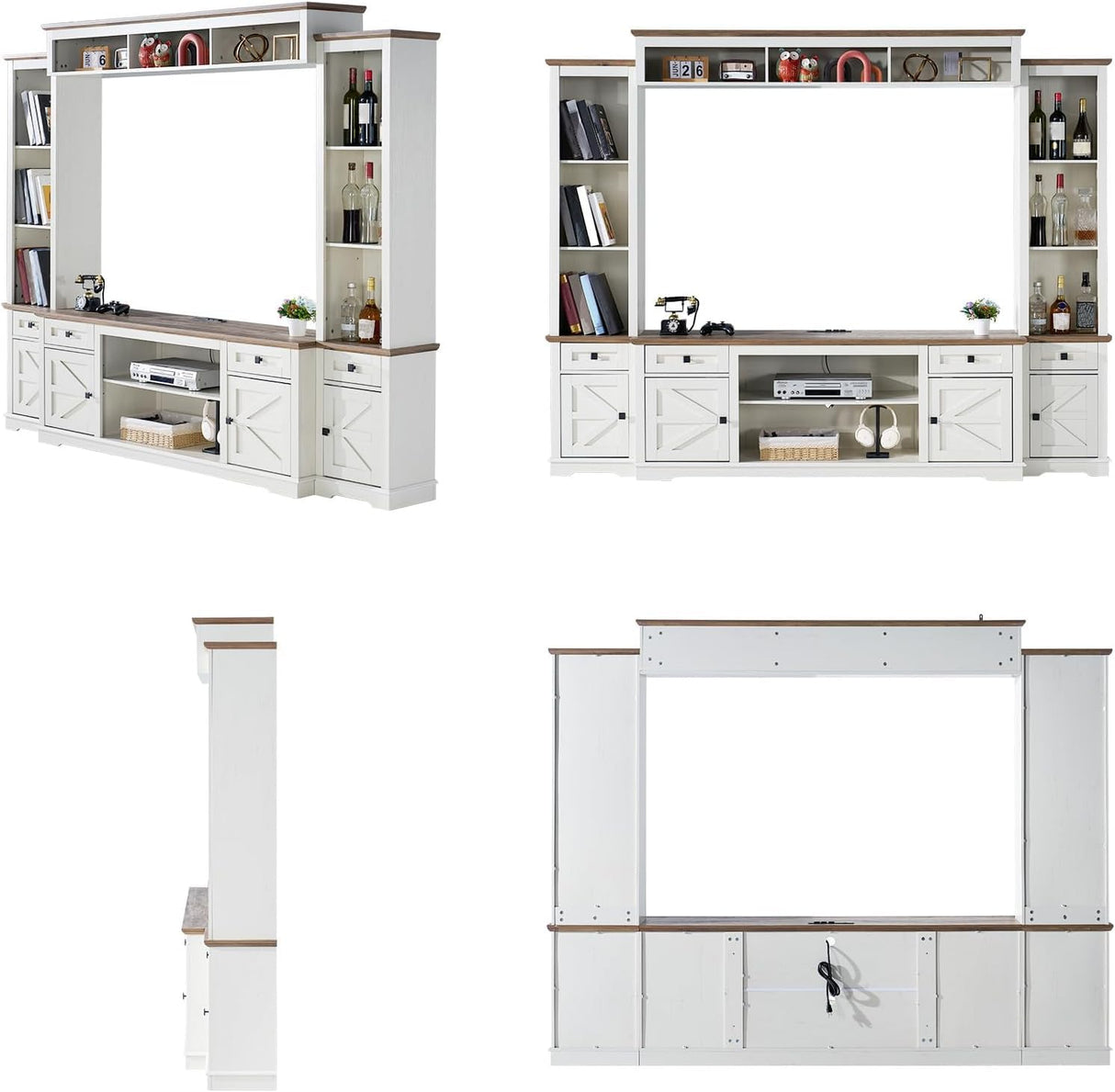 AMERLIFE 98" Farmhouse Entertainment Center Wall Unit with Bookshelves, Wine Cabinet, Fits 78" TVs, Large TV Stand with Power Outlets & Barn Door, Rustic Media Console for Living Room, White AMERLIFE