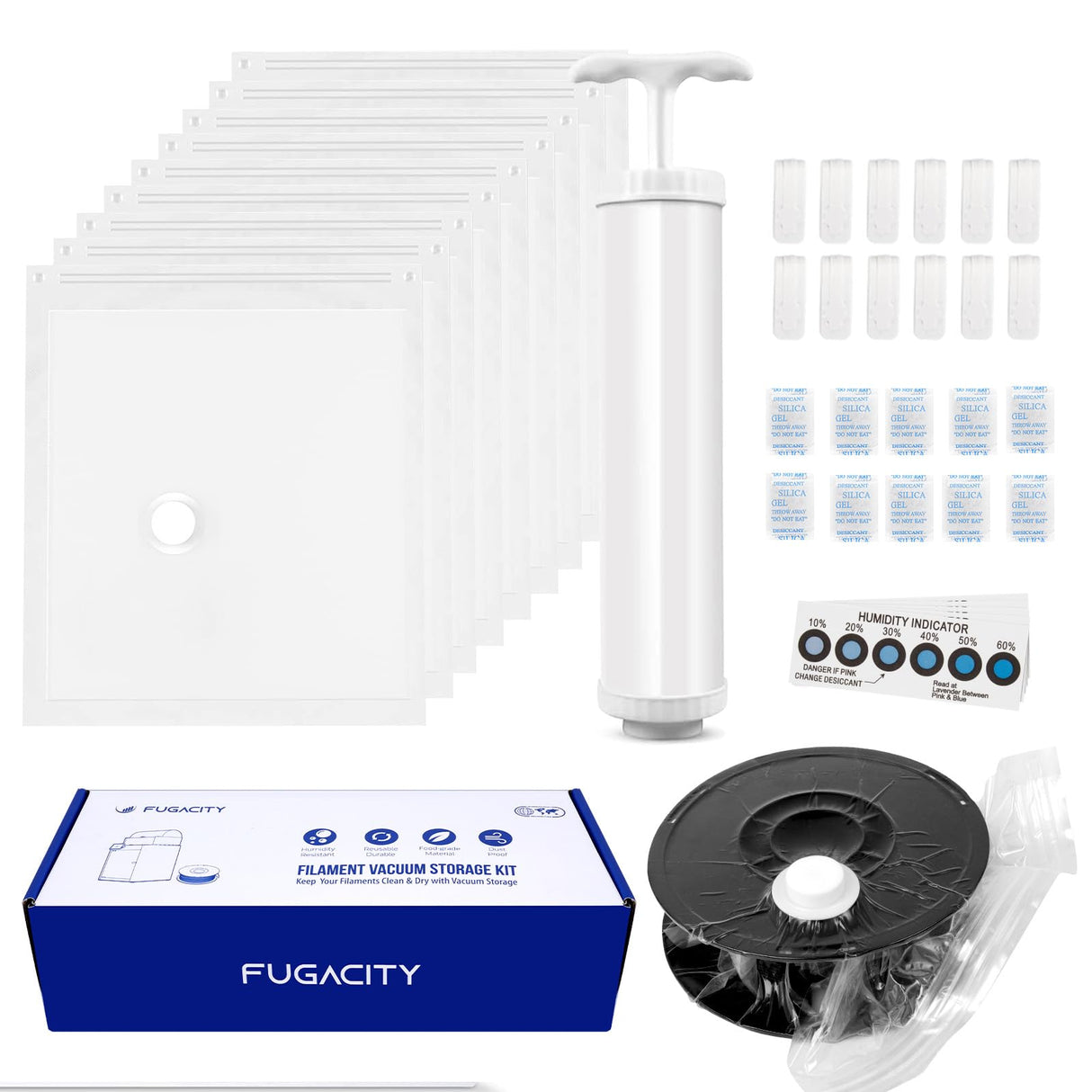 3D Printer Filament Storage Vacuum Bags Kit-Reusable Bag ×10 Pack 35 * 40cm with 10 Desiccants /10 Humidity Card /10 Clips/1 Hand Pump,DustProof and Humidity Resistant for Keep Filament Clean & Dry FugaCity