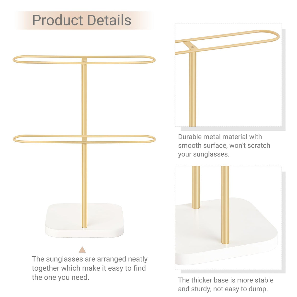 Mkono Sunglasses Organizer Glasses Holder Stand for 24 Pairs of Eyewear, 2 Tier Sunglass Storage Eyeglasses Display Rack Metal Frame with Wood Base for Table Desk Countertop Dresser Bedroom, Gold Mkono