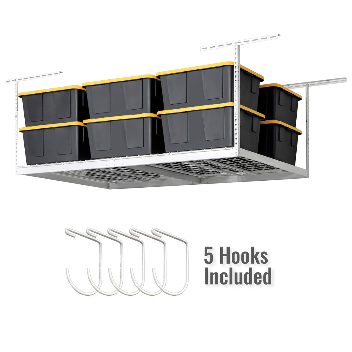 SafeRacks 4 ft x 8 ft Overhead Storage Rack Adjustable 24 in - 45in Height (White) With Accessory Pack With 5-Piece Hook Accessory Pack SafeRacks