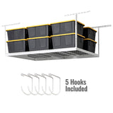 SafeRacks 4 ft x 8 ft Overhead Storage Rack Adjustable 24 in - 45in Height (White) With Accessory Pack With 5-Piece Hook Accessory Pack SafeRacks