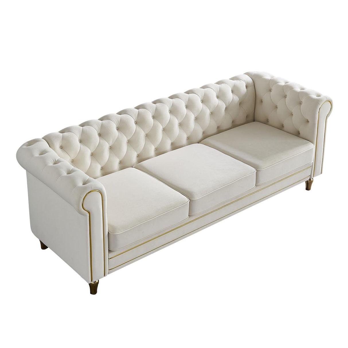 KEIKI 85" Chesterfield Velvet Tufted Button Sofa with Deep Seat Cushions and Rolled Arms, Modern Style 3-Seater Couch Decorated with Gold Strip, Easy Assembly, for Living Room, Bedroom, Office, Beige KEIKI