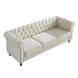 KEIKI 85" Chesterfield Velvet Tufted Button Sofa with Deep Seat Cushions and Rolled Arms, Modern Style 3-Seater Couch Decorated with Gold Strip, Easy Assembly, for Living Room, Bedroom, Office, Beige KEIKI