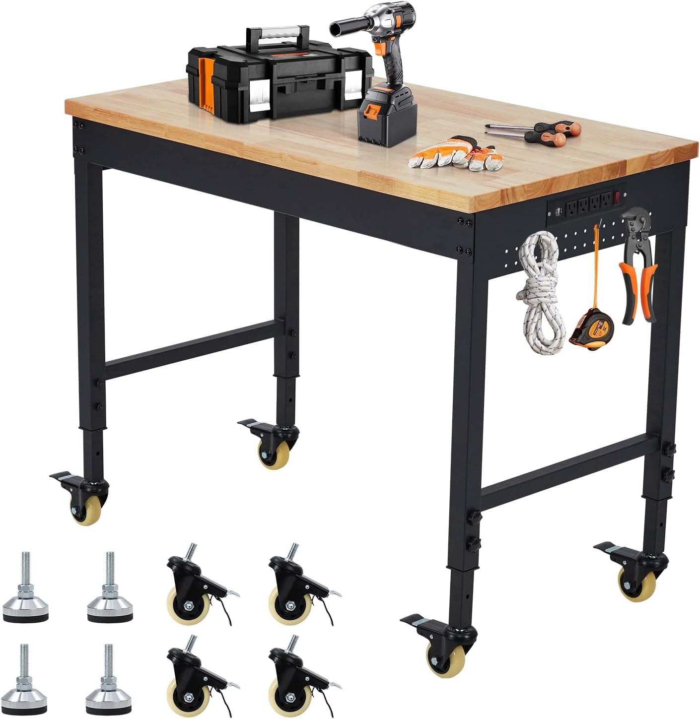 Adjustable Workbench for Garage, 48" x 24" Portable Work Bench, 2000 Lbs Capacity, Rubber Wood Workstation w/ 4 Rolling Casters, Heavy Duty Work Table with 2 USB & 4 AC Outlets - WoodArtSupply