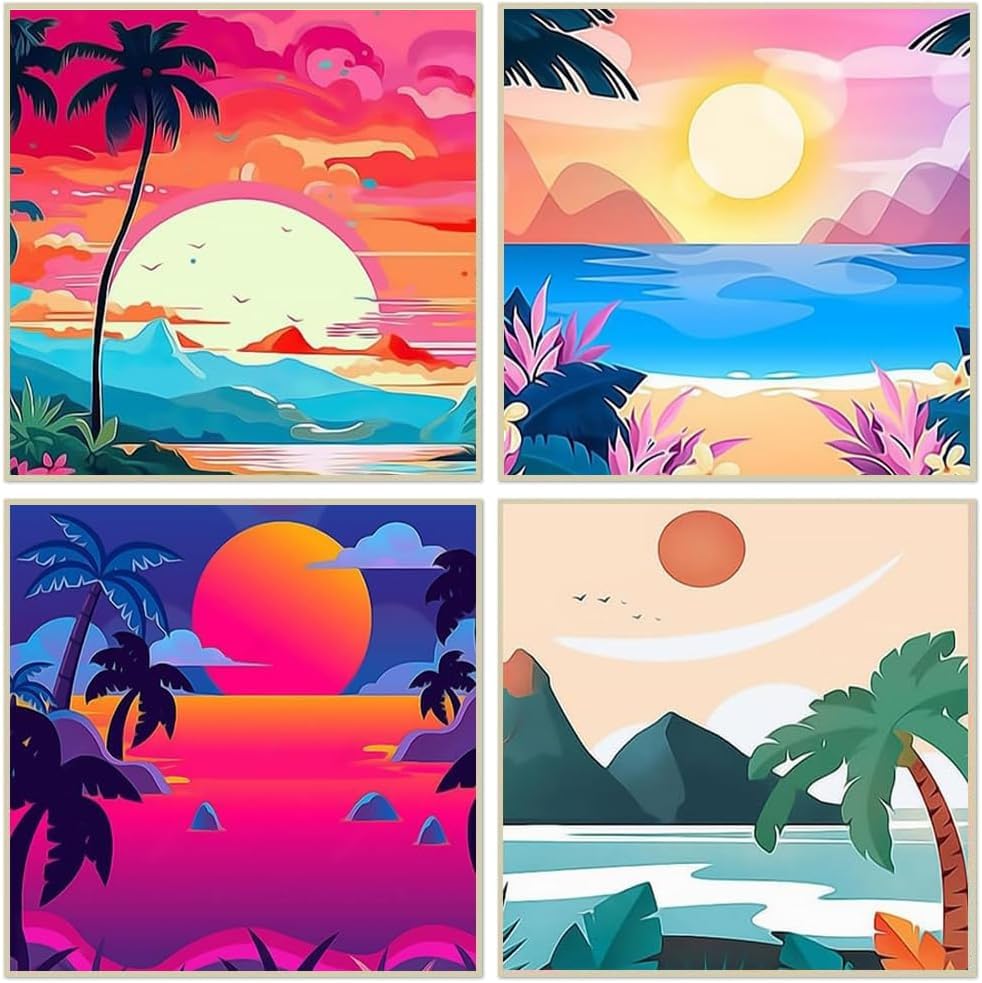 Fuinkqe 4 Pack Paint by Numbers for Adults and Kids Beginner, Landscape-Beach DIY Acrylic Painting Paint by Numbers Kits on Canvas for Kids Ages 4-8-12 Perfect for Gift Home Wall Decor(8x8in) Fuinkqe