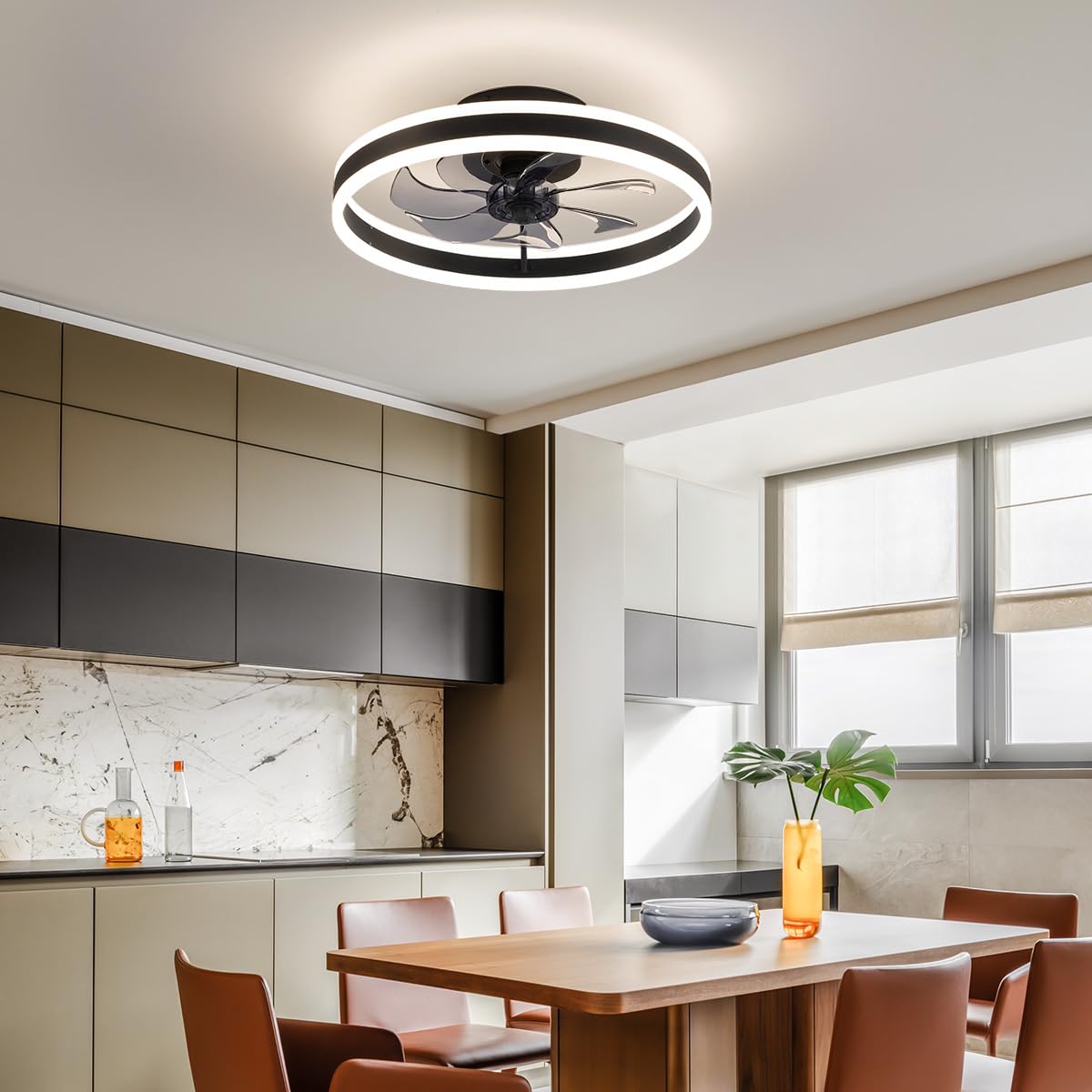 KDG 15.8" Low Profile LED Ceiling Fans with Light, Reversible Flush Mount with Remote and 6 Winds Speeds Fan Lighting, 3 Colors Dimmable for Bedroom, Living Room, Kids, Dinning Room, Kitchen (Black) KDG