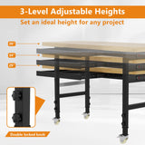 Pelnuies 60" Work Bench with Wheels, Adjustable Height Workbench with Drawers, Heavy-Duty Oak Wood Work Table with Power Outlets, 2000 LBS Capacity Workstation for Garage, Workshop, Office, Home Pelnuies