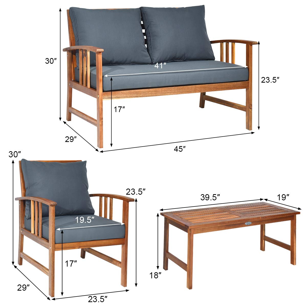 Tangkula 4 PCS Acacia Wood Patio Furniture Set, Outdoor Seating Chat Set with Gray Cushions & Back Pillow, Outdoor Conversation Set with Coffee Table, Ideal for Garden, Backyard, Poolside - WoodArtSupply