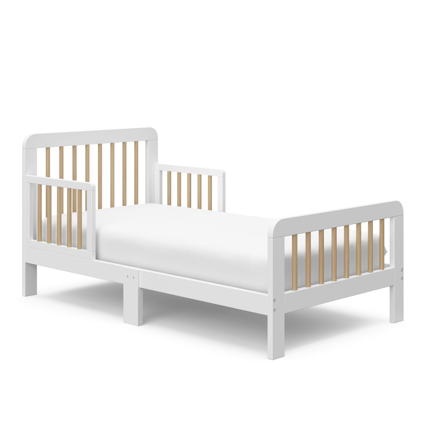 Storkcraft Pasadena Toddler Bed (White with Driftwood) - GREENGUARD Gold Certified, Fits Standard Full-Size Crib & Toddler Mattress, Toddler Safety Guardrails Included, Complete Design with Footboard