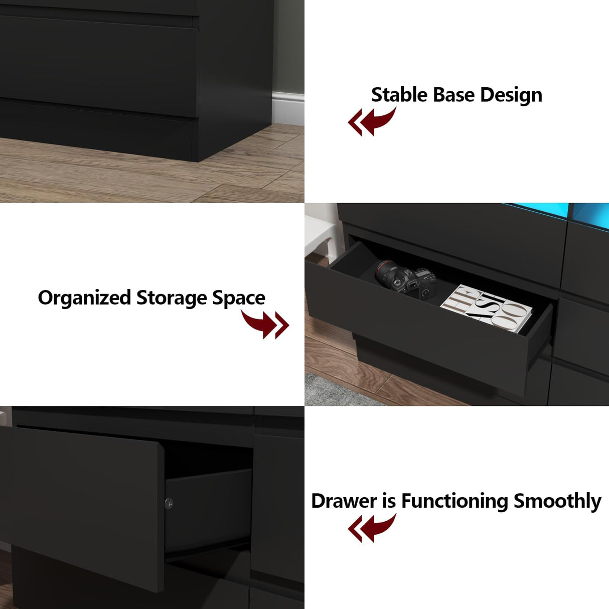 Loomie 9 Drawer Dresser with Power Outlet, Modern Chest of Drawers with LED Light, Long Wide Drawer Dresser Organizer Cabinet, Black Dresser for Bedroom, Living Room, Entryway Loomie