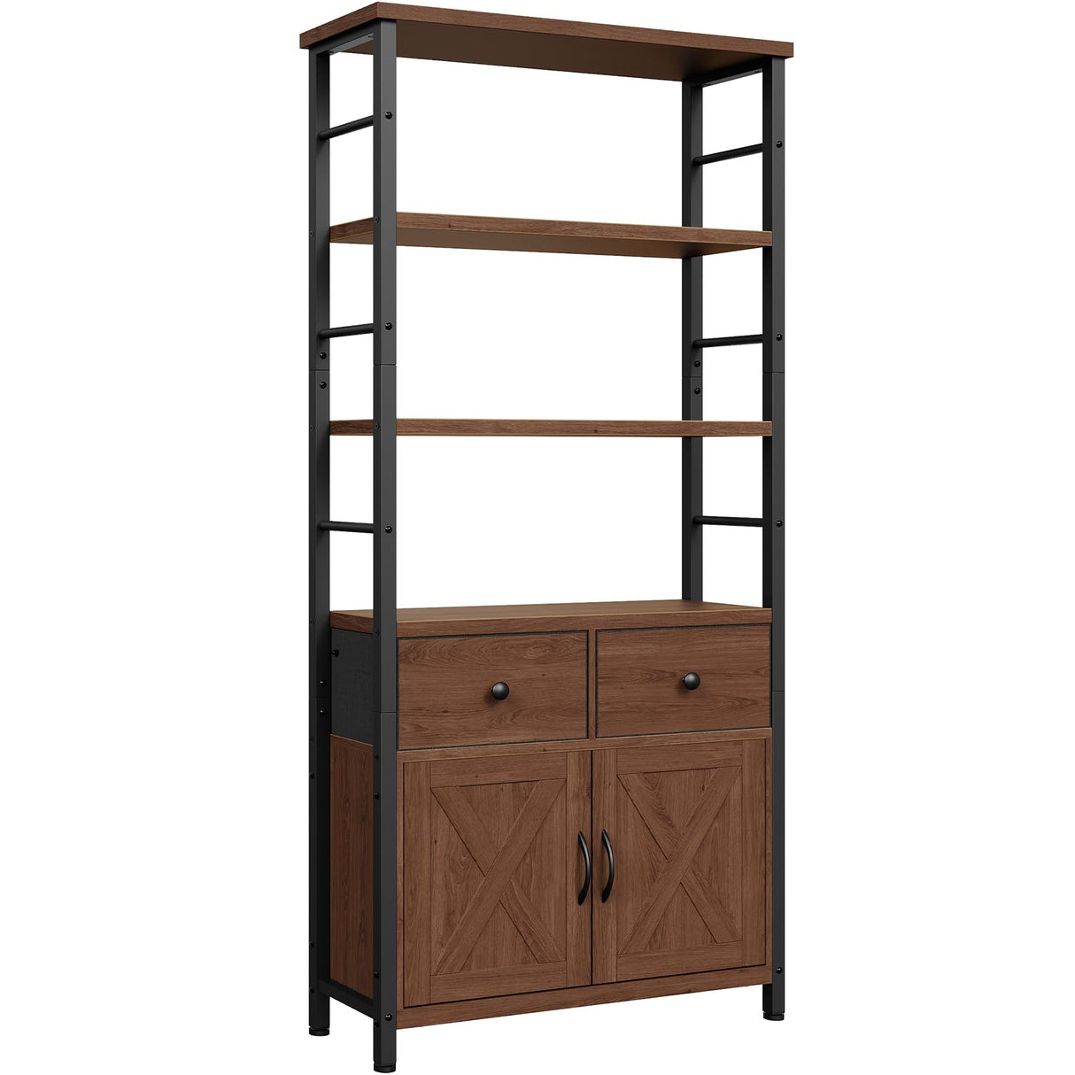 HOOBRO Bookshelf with Doors, Rustic Bookshelf with Drawers, Industrial Display Standing Shelf Units, Wooden and Metal Storage Shelf for Living Room, Home Office, Dining Room, Walnut and Black BH75SJ01 HOOBRO