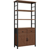 HOOBRO Bookshelf with Doors, Rustic Bookshelf with Drawers, Industrial Display Standing Shelf Units, Wooden and Metal Storage Shelf for Living Room, Home Office, Dining Room, Walnut and Black BH75SJ01 HOOBRO