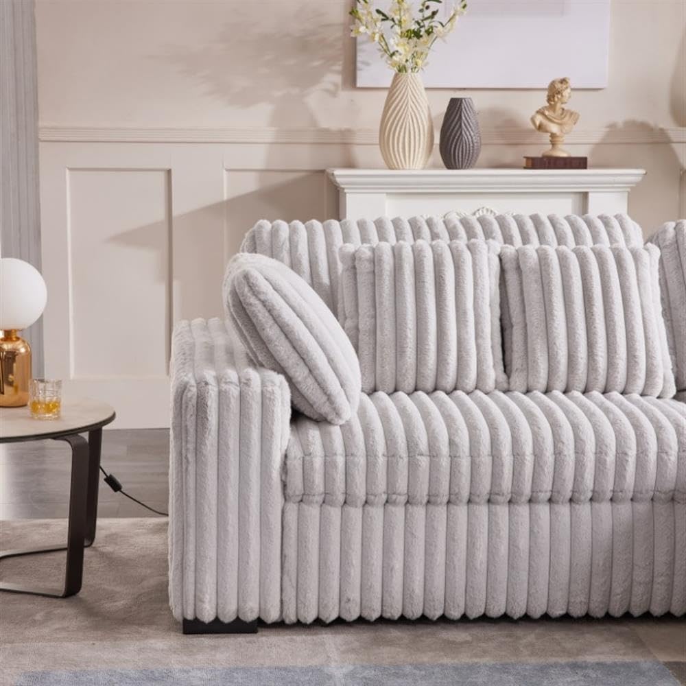 Pemberly Row 113" W Corduroy Fabric Cloud Convertible Sectional Deep Seat Sofa Slider with Power Recliner Glider, USB Charging Ports, and 6 Cushions in Presley Charcol for Living Room Pemberly Row