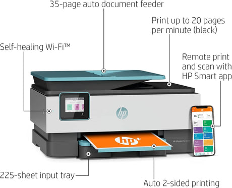 HP OfficeJet Pro 8028e All in One Wireless Printer Scanner Copier Fax Inkjet Print 2.7 Inch Touchscreen 6 Months of Free Ink 2 Years HP Warranty 20 ppm Black 10 ppm Color for Home Office Use (Renewed) HP