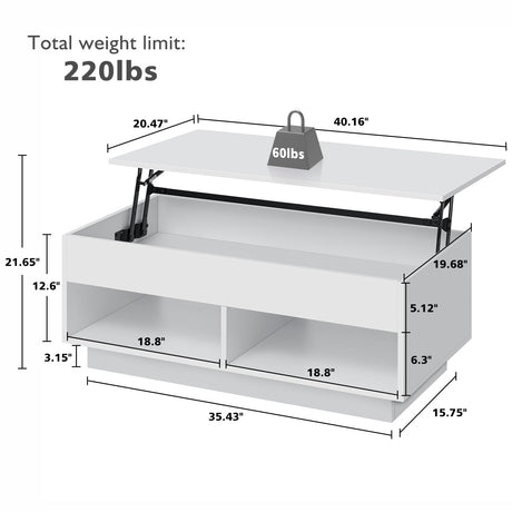 HOMMPA Lift Top Coffee Table with Hidden Storage LED Coffee Table Morden High Gloss White Living Room 3 Tiers Modern Tea Table with Storage Center Tables Hidden Compartment & 2 Open Shelves HOMMPA
