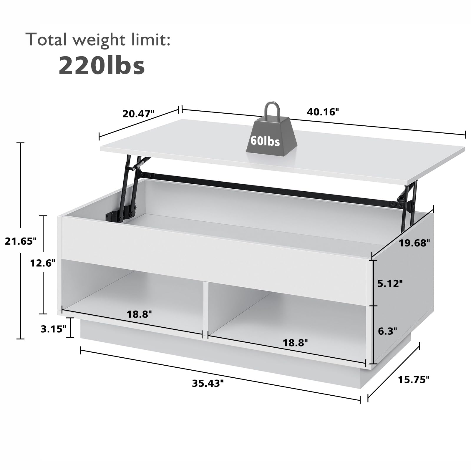 HOMMPA Modern Lift Top Coffee Table with Storage for Living Room LED Coffee Table Wodden Lift Tabletop Dining Table with Hidden Compartment and Metal Frame, White - WoodArtSupply