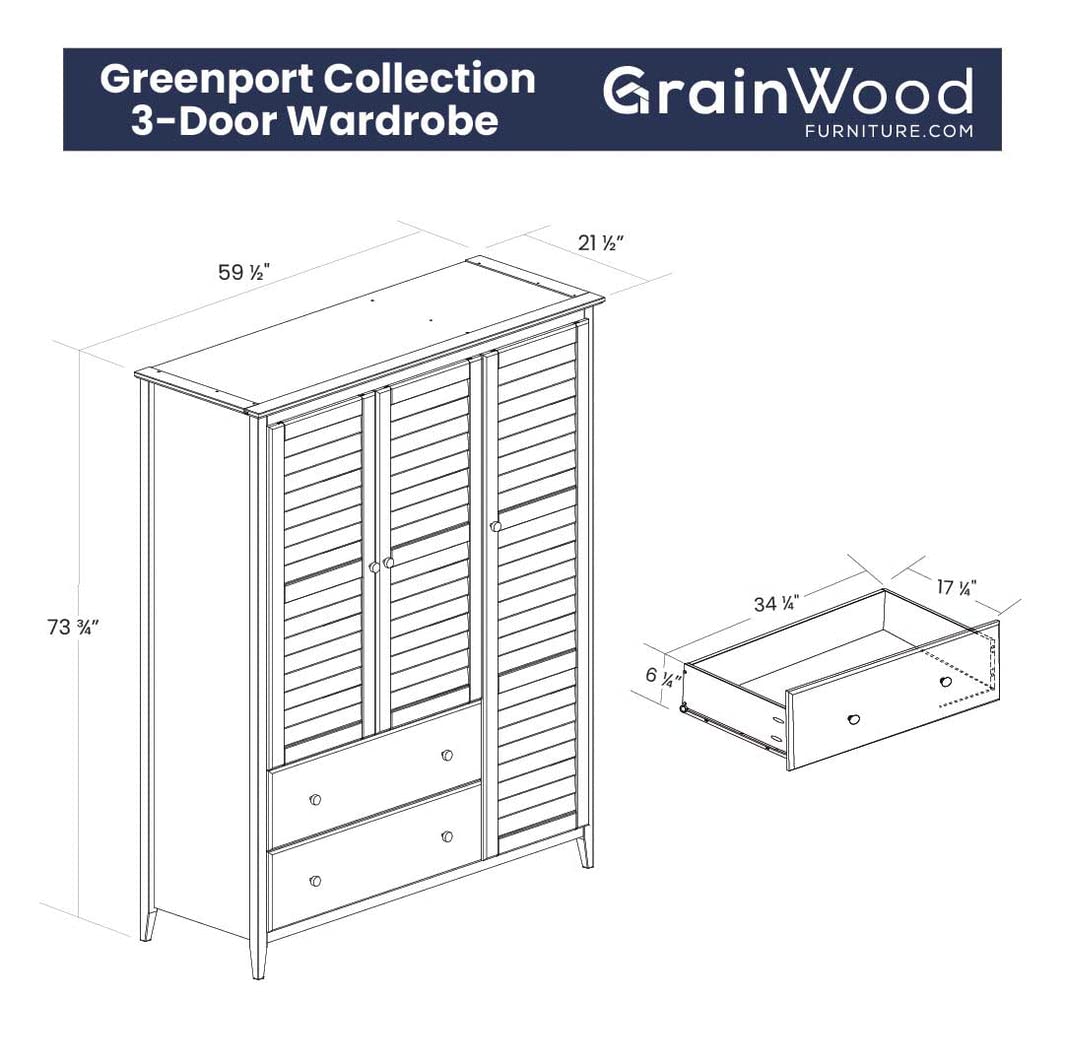 Grain Wood Furniture Greenport 3-Door Wardrobe, Solid Wood with Brushed Driftwood Finish