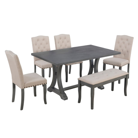 Farmhouse Dining Table Set for 6, Kitchen Table Set with Chairs and Bench, 6 Piece Solid Wood Dining Room Set with Trestle Table Legs for Kitchen, Dining Room (Antique Grey) Mirightone