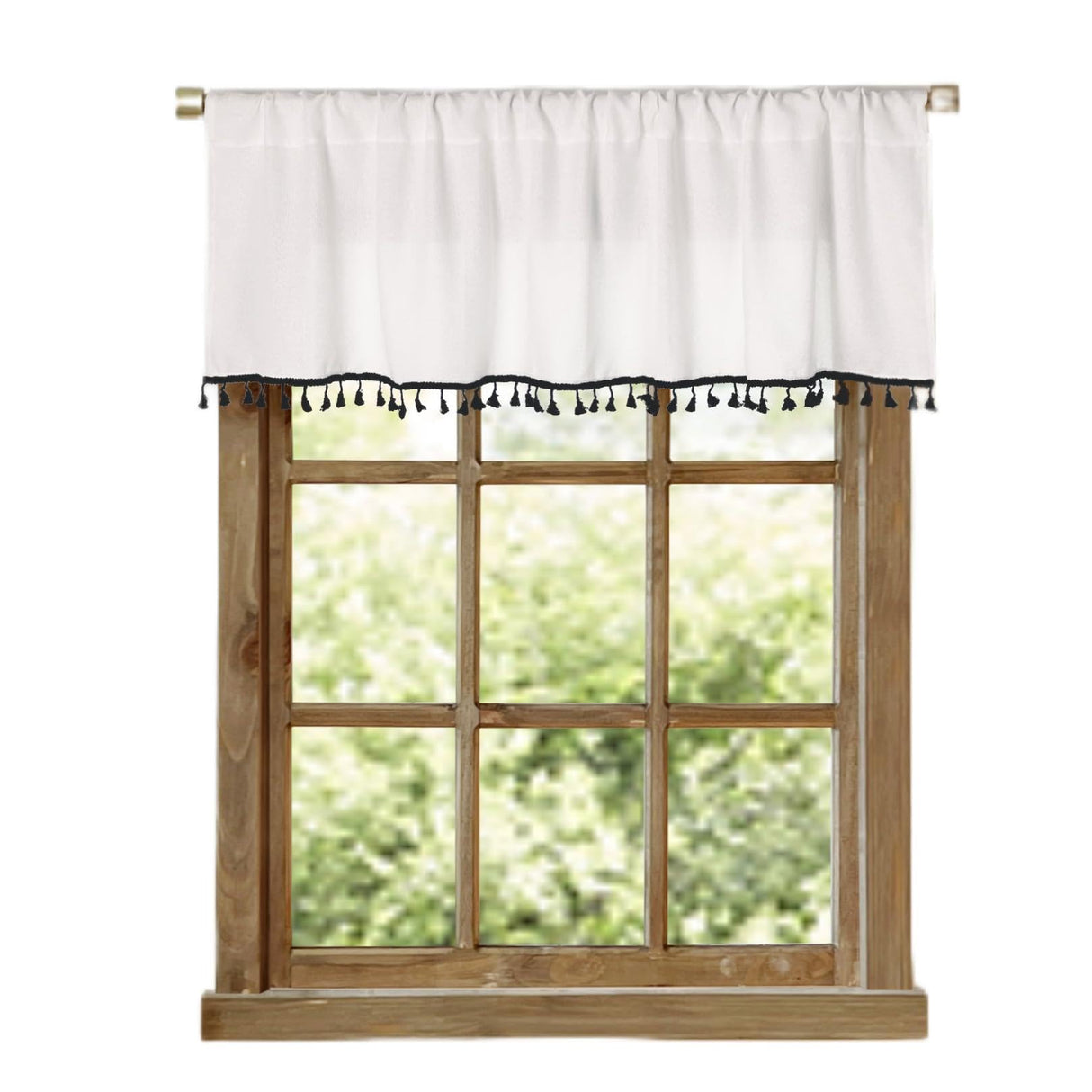 2 Pack Faux Linen White Kitchen Valances with Tassels Modern Farmhouse Valance Curtains Topper Country Rustic Bathroom Small Window Treatment Boho Decor (54x15 inch, Black Tassels) Oindec