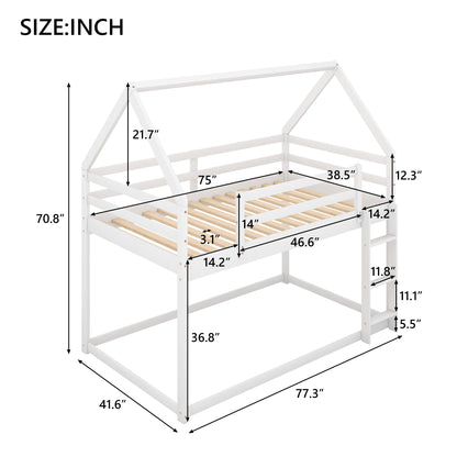 LOSTCAT House-Shaped Twin Over Twin Low Bunk Bed Frame in White – Solid Pine Wood with Safety Guardrail & Ladder - WoodArtSupply