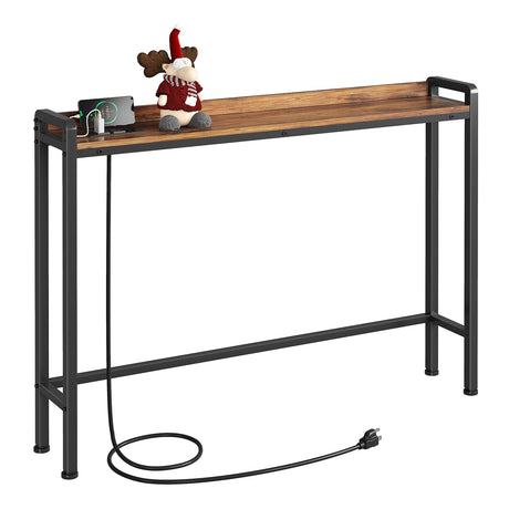 Kitstorack Rustic Brown Narrow Console Table for Behind Sofa, Elevated Rear Fence & Built-in Power Outlets, Includes 6.5' Power Cord, 5.9" D x 39.4" L x 33.3" H Kitstorack