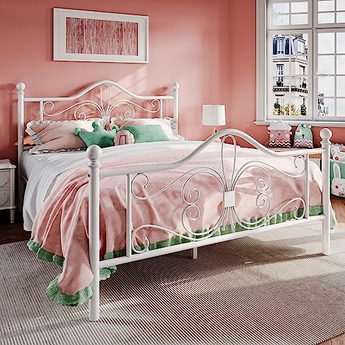 SHA CERLIN Queen Size Bed Frame with Headboard,Metal Bed Frame with Butterfly Pattern Design Headboard & Footboard,No Box Spring Needed,Easy Assembly,White SHA CERLIN