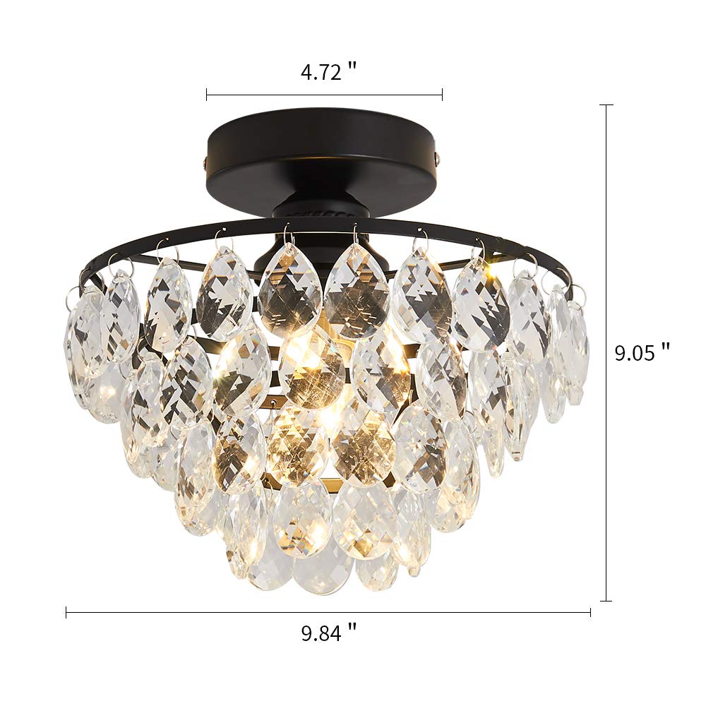 YYJLX Modern Small Crystal Ceiling Light Fixture Mini Black Semi Flush Mount Chandelier Light Fixture for Hallway Bedroom Bathroom Closet e26 YYJLX