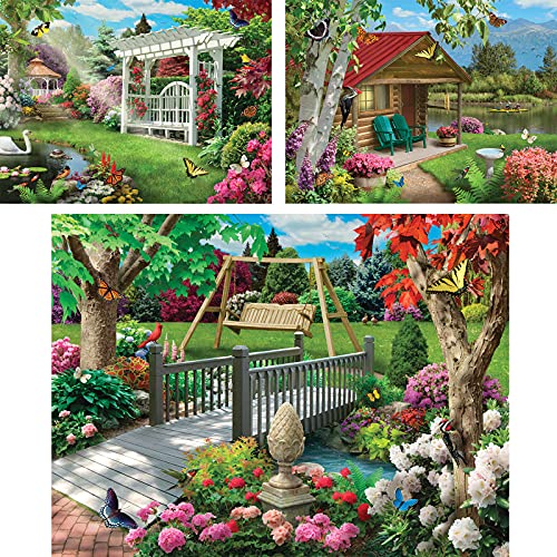 Bits and Pieces – Value Set of Three 300 Piece Jigsaw Puzzles for Adults – Gardens Galore, Lake Life, Peaceful Park Jigsaw Puzzles by Artist Alan Giana, Completed Puzzle Size: 18" x 24"