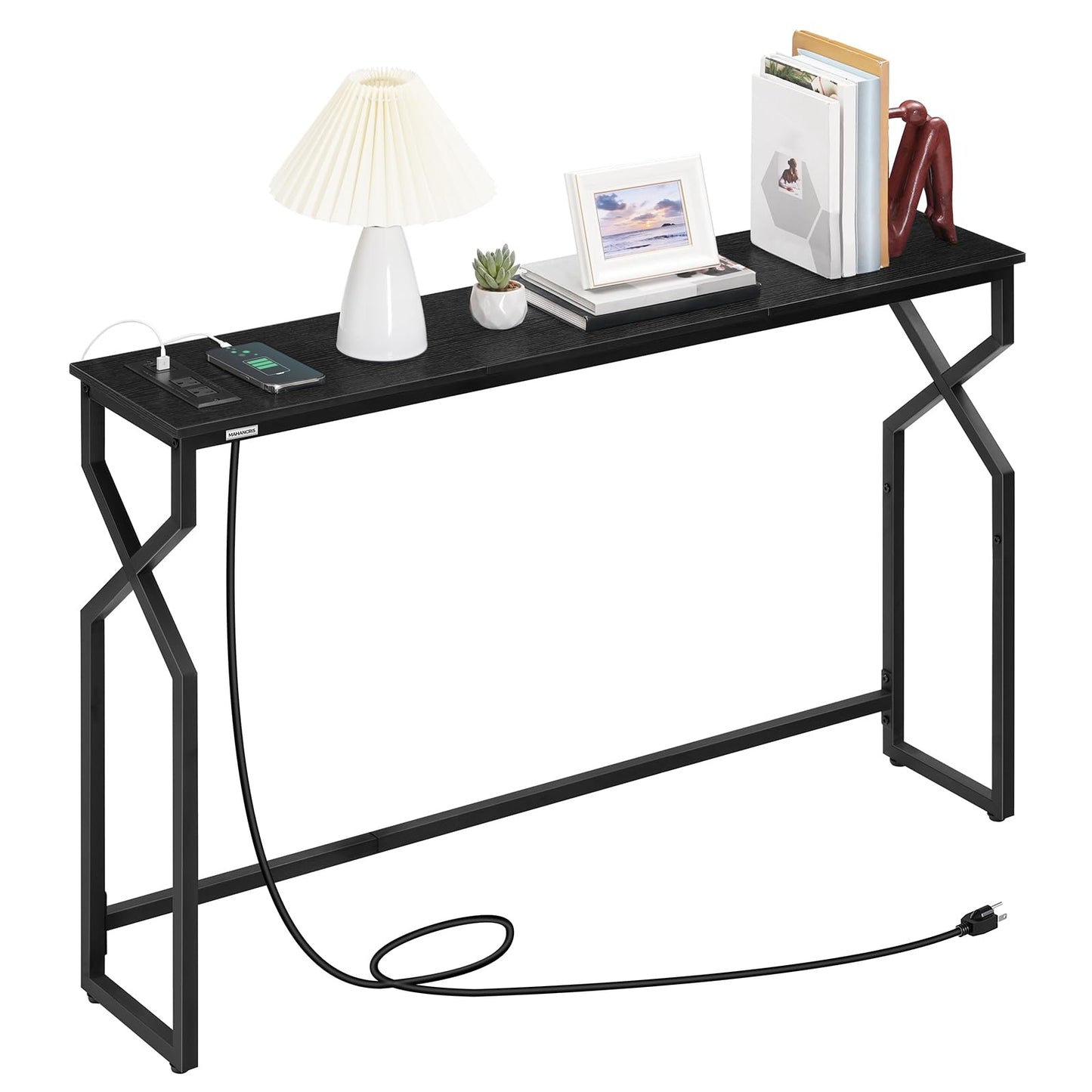 MAHANCRIS Console Sofa Table, 44.9" Entryway Table with Power Station, Narrow Couch Table, Hallway Table, Sofa Table with USB Ports, Metal Frame, for Entrance, Living Room, Black CTHB113E01