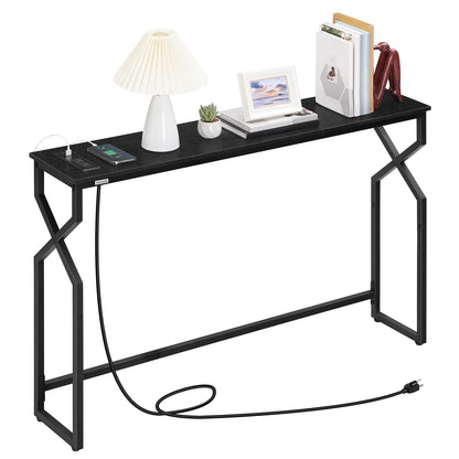 MAHANCRIS Console Sofa Table, 44.9" Entryway Table with Power Station, Narrow Couch Table, Hallway Table, Sofa Table with USB Ports, Metal Frame, for Entrance, Living Room, Black CTHB113E01