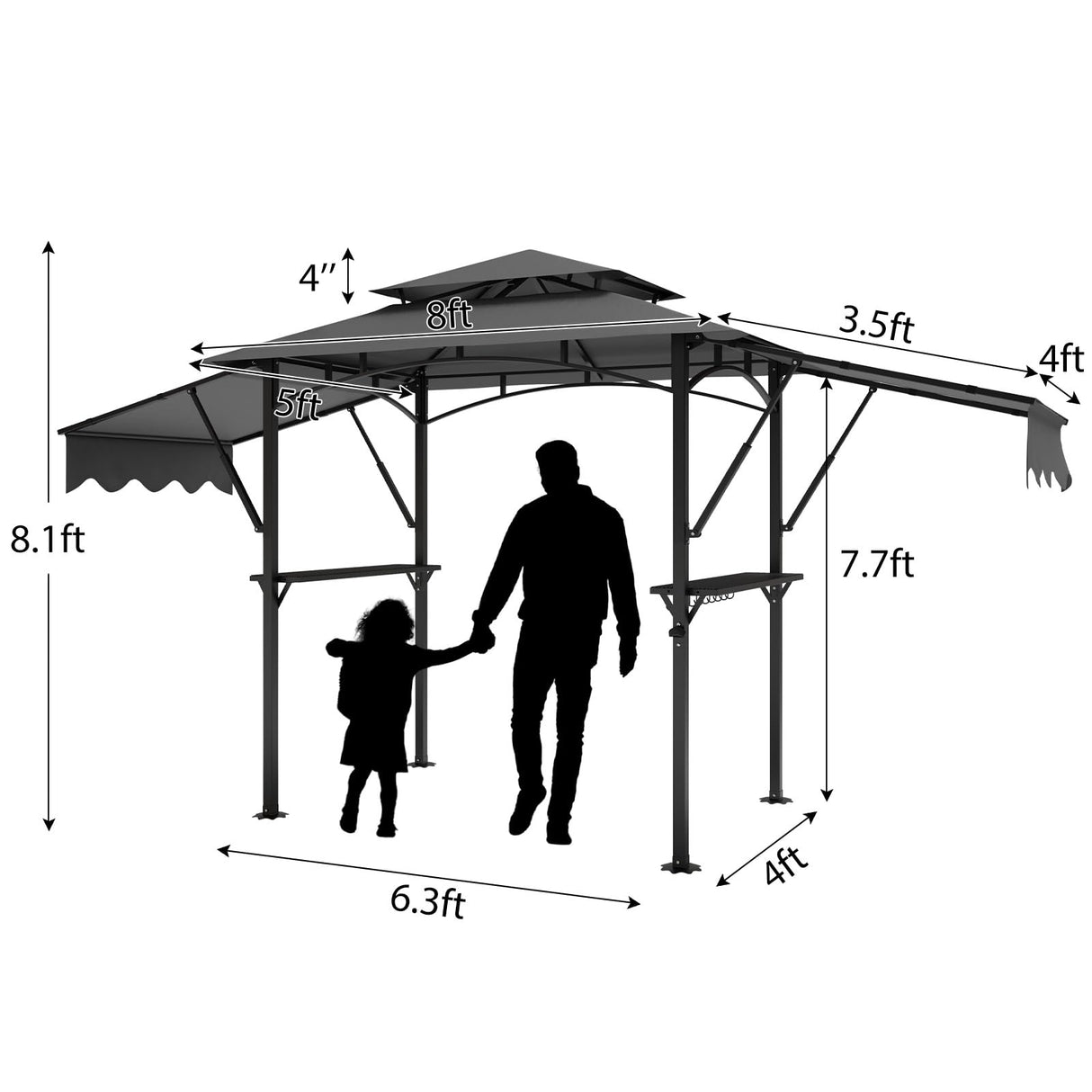 Wpond 5x8ft Grill Gazebo - Double Layer BBQ Waterproof Patio Canopy with Double-Sided Adjustable Awning, Extra Shadow, Two Side Frames, UV & Wind Protection-Grey Wpond