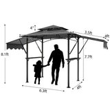 Wpond 5x8ft Grill Gazebo - Double Layer BBQ Waterproof Patio Canopy with Double-Sided Adjustable Awning, Extra Shadow, Two Side Frames, UV & Wind Protection-Grey Wpond