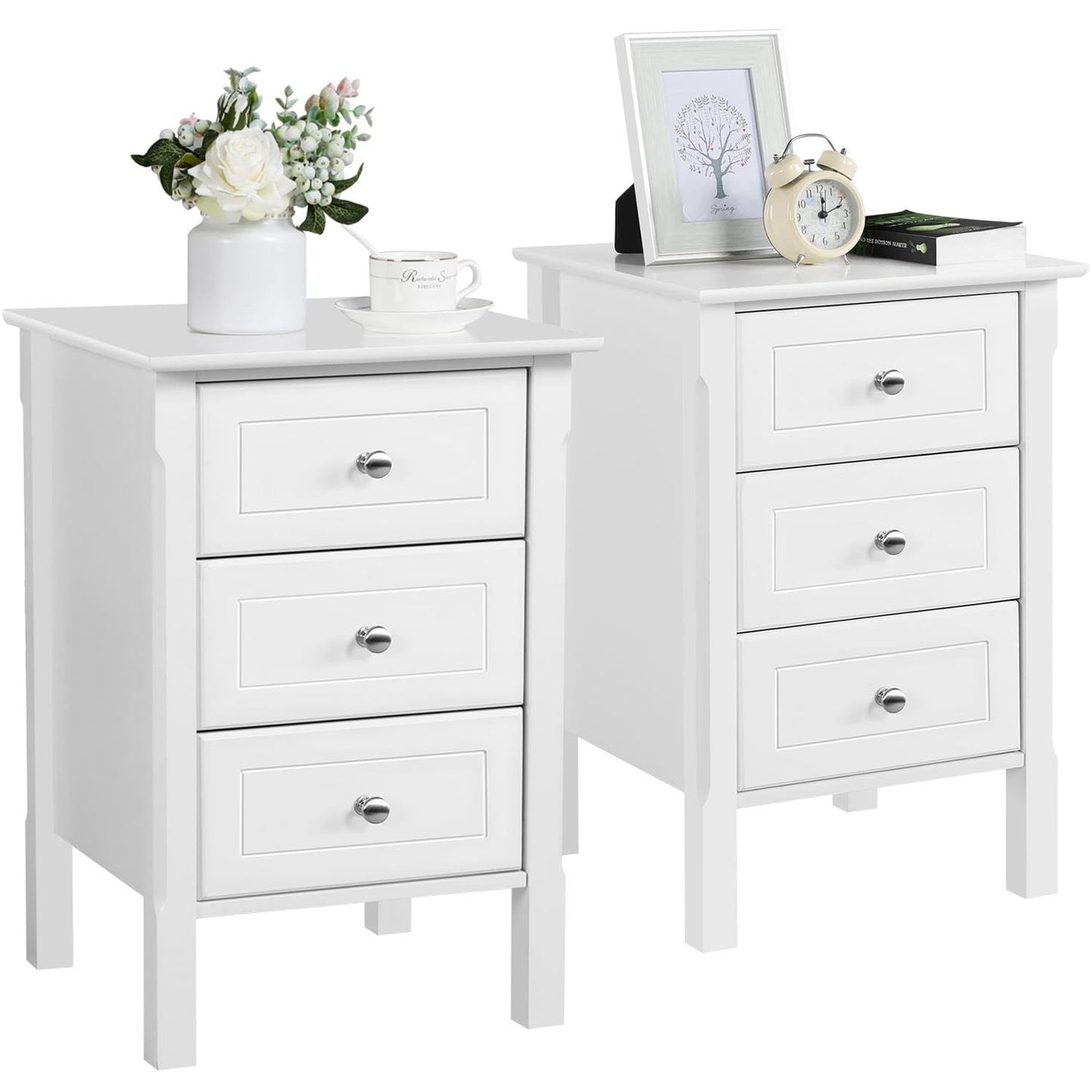 Yaheetech Bedside Table Set of 2, Nightstand with 3 Drawer and Solid Wood Legs, Accent Night Stand with Storage Cabinet for Home Office/Small Space, 16″ D × 16″ W × 24″ H, White