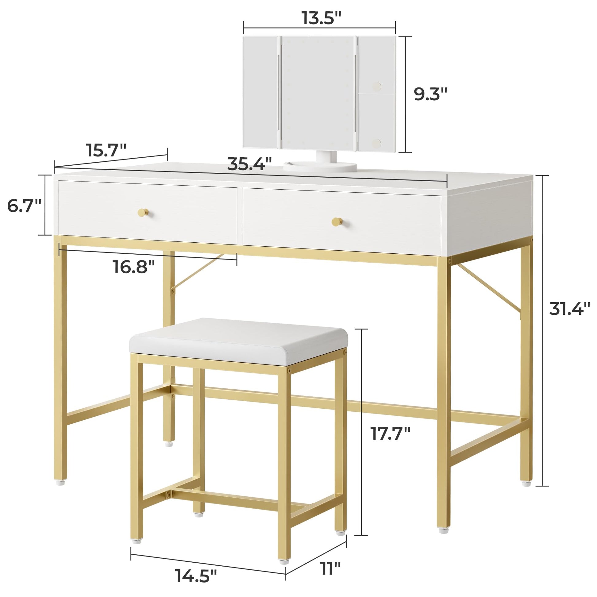 SUPERJARE Vanity Desk, Makeup Vanity with Lighted Mirror, White Desk with Drawers, 35.4 Inches Makeup Vanity Desk with Lights, for Bedroom, White and Gold - WoodArtSupply